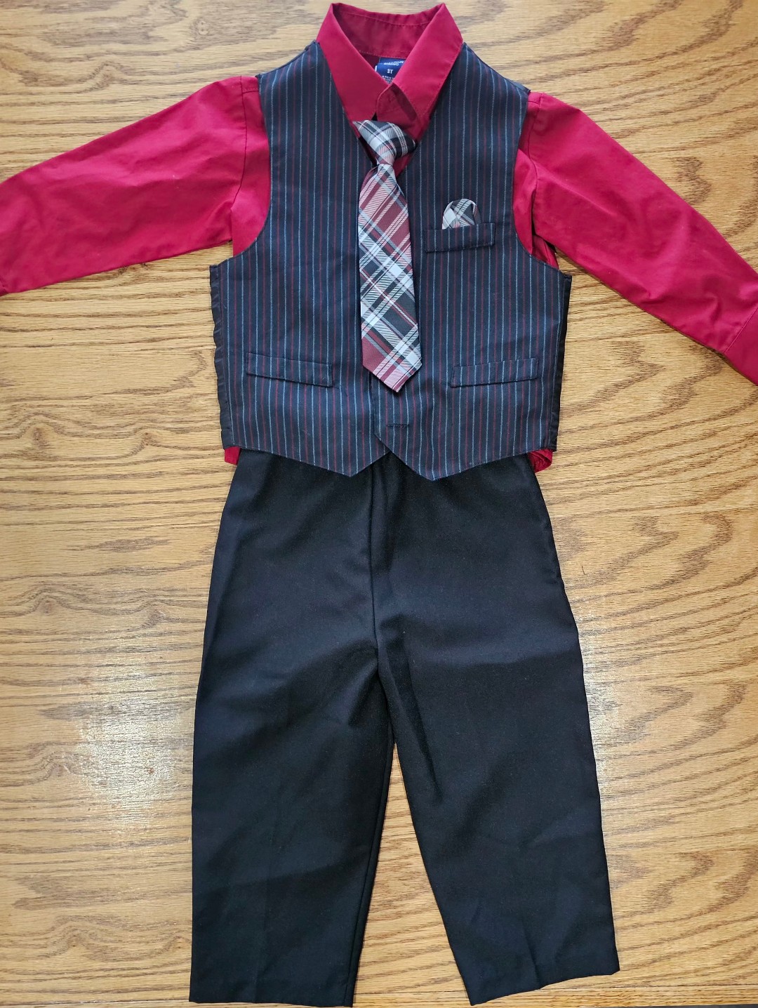 Boys Red Dress Shirt With Pinstripe Vest And Tie Set